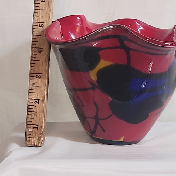Murano Style Hand Blown Art Glass Ruffled Biwl Red Multi-Color Abstract - Picture 7 of 9